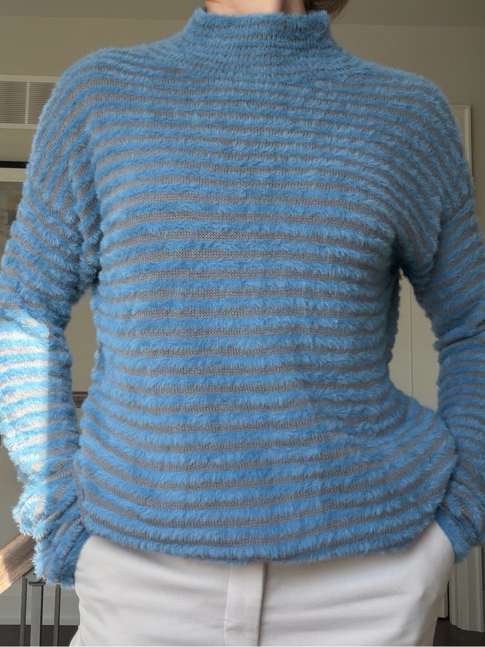Chico's Blue and Gray Fuzzy Mock Neck Sweater